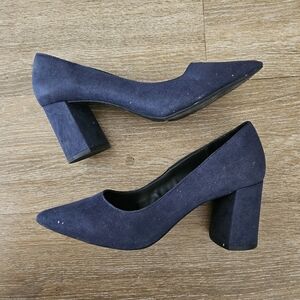 KELLY & KATIE Suede Navy Block Heel Pumps